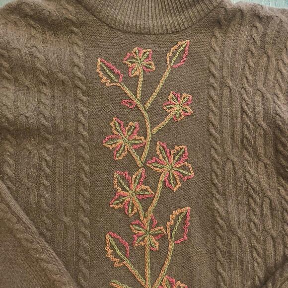 Cableknit Embroidered Fall Leaves Brown Sweater Skirt Set Wool Cottagecore - Picture 3 of 8